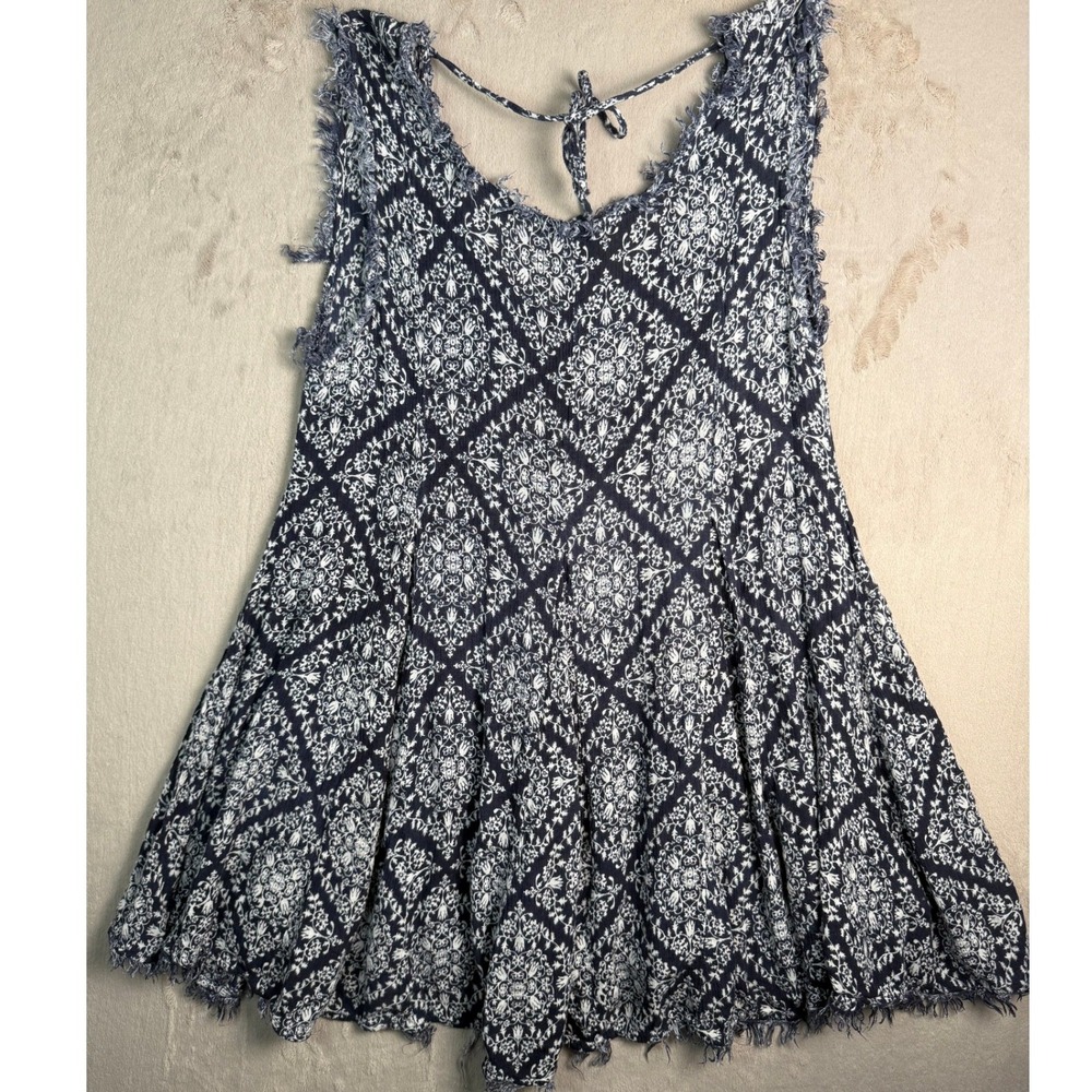 En Creme Boho Mandala Print Mini Dress Womens Medium Navy Blue Excellent Frayed